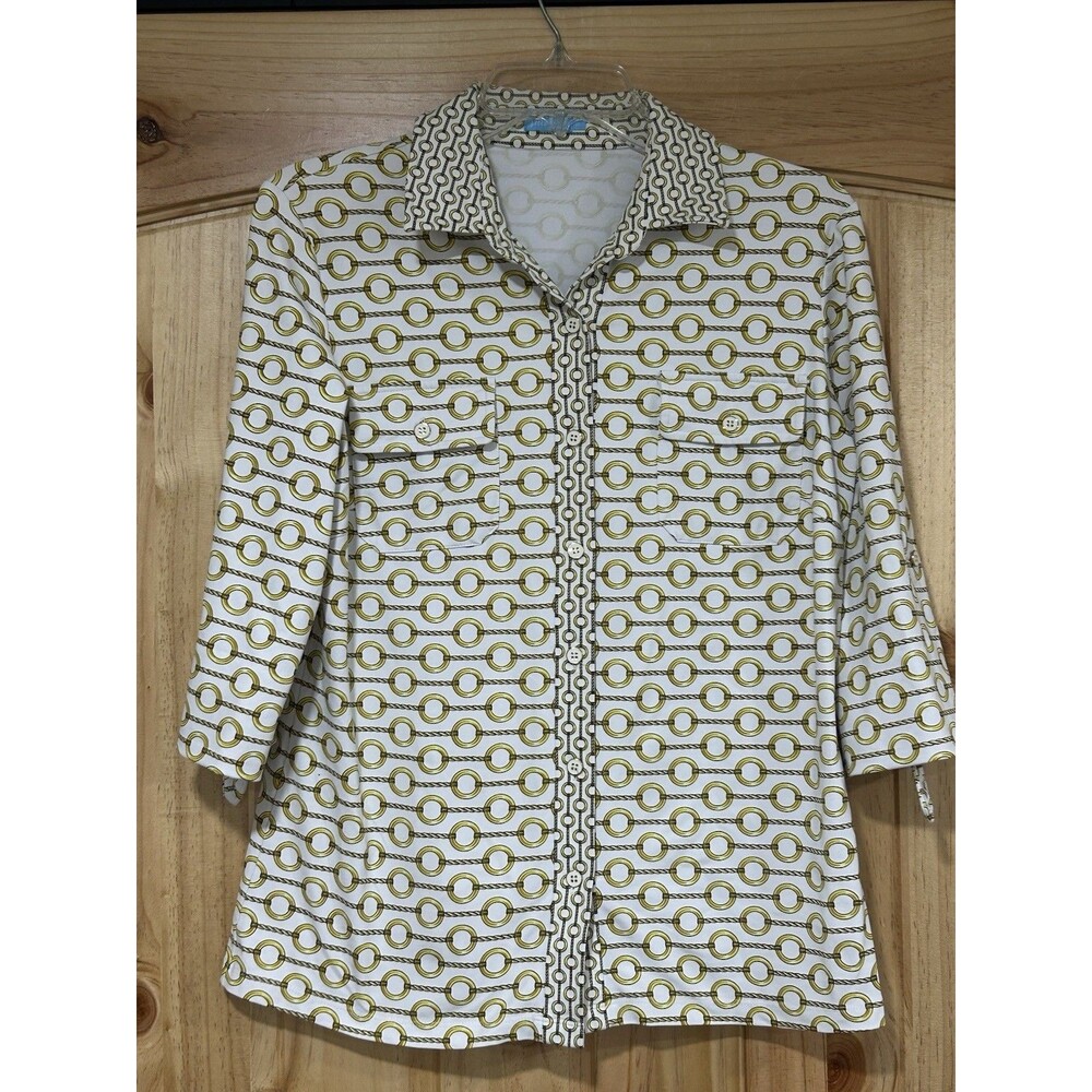 J McLaughlin Catalina Cloth Top Button Up Stretch Gold Chain Pattern Stretch M